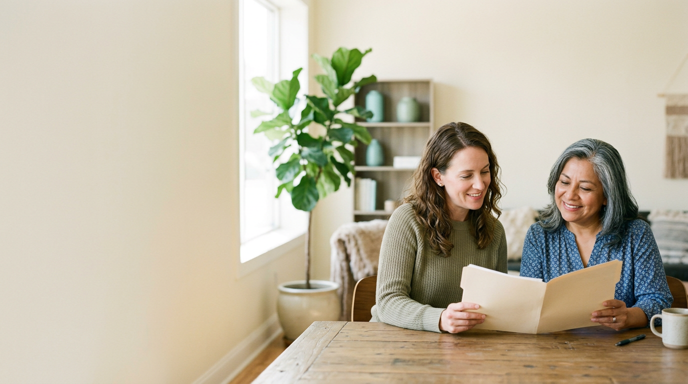 A care coordinator and client talking together in a welcoming office